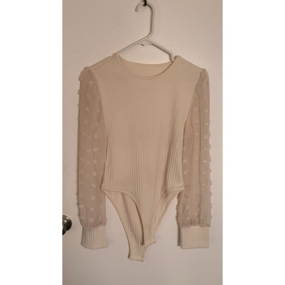 Ivory Cream Ribbed Bodysuit Sheer Swiss Clip Dot Mesh Long Sleeve Day to Night